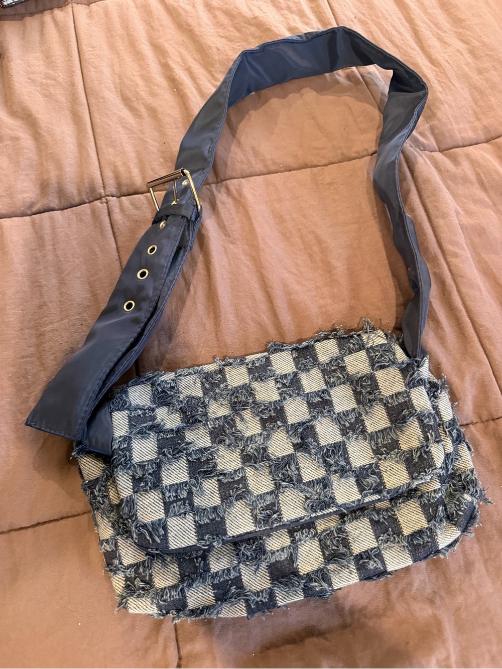 Woven Check Crossbody Bag in Navy and Cream